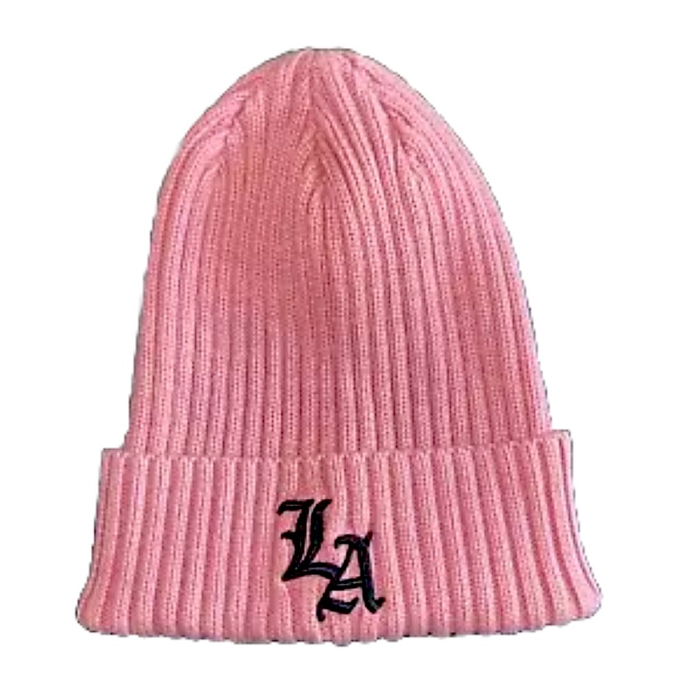 COTTON ON pink & black “LA” logo beanie old english font embroidery